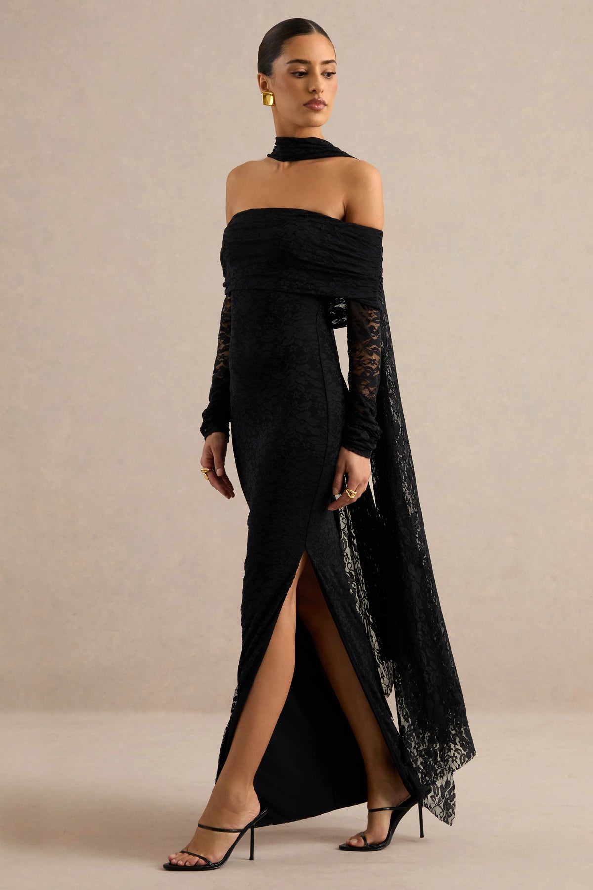 Maelora | Black Lace Bardot-Neck Maxi Dress With Scarf