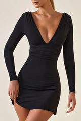 Modal Ruched Plunge A-Line Mini Dress In Black