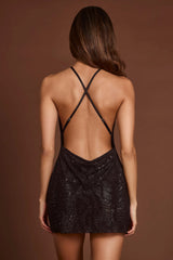 Embellished Halterneck Cowl A-Line Mini Dress In Black