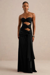 Alinae | Black Satin Bandeau-Neck Maxi Dress With Body Cut-Outs