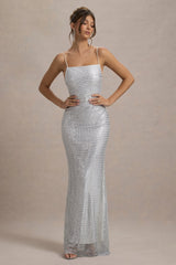 Quartz | Silver Hotfix Square-Neck Open-Back Maxi Dress