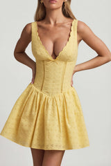 Broderie Anglaise Bow-Detail A-Line Mini Dress In Pastel Yellow