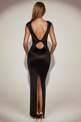 Satin Boat-Neck Twist-Back Maxi Dress In Black