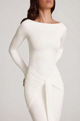 Soft Jersey Boat-Neck Tie-Gather Maxi Dress In White