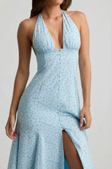 Halterneck Midaxi Dress In Blue Flower Print