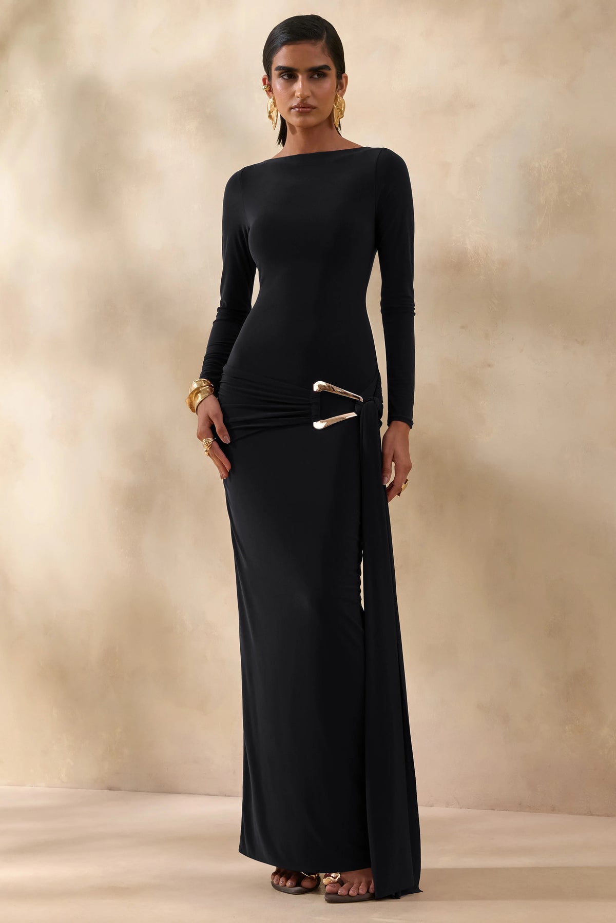 Astrielle | Black Wide-Neck With Gold-Detail And Sash