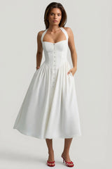Button-Detail Halterneck Midaxi Dress In White