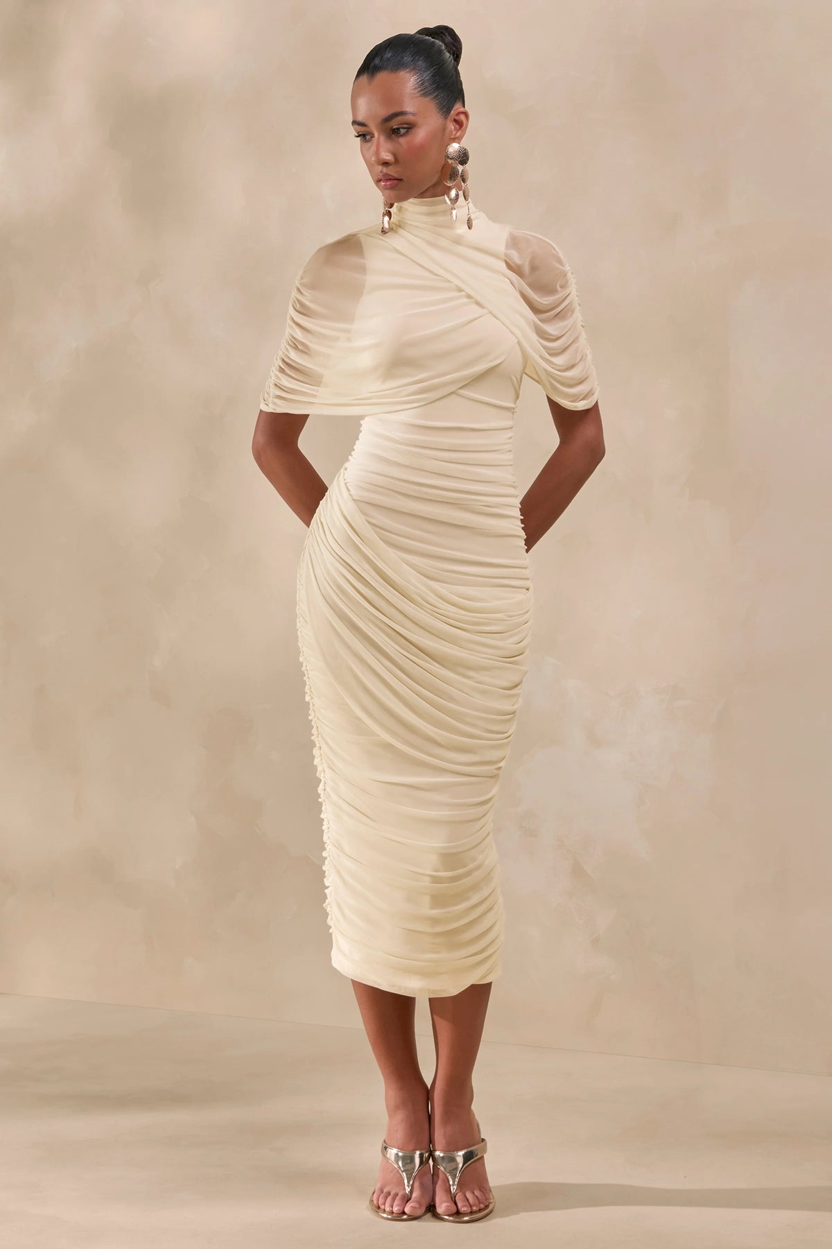 Fleurise | Cream Mesh High-Neck Midi Dress With Short Cape-Sleeves And Gathered-Detailing
