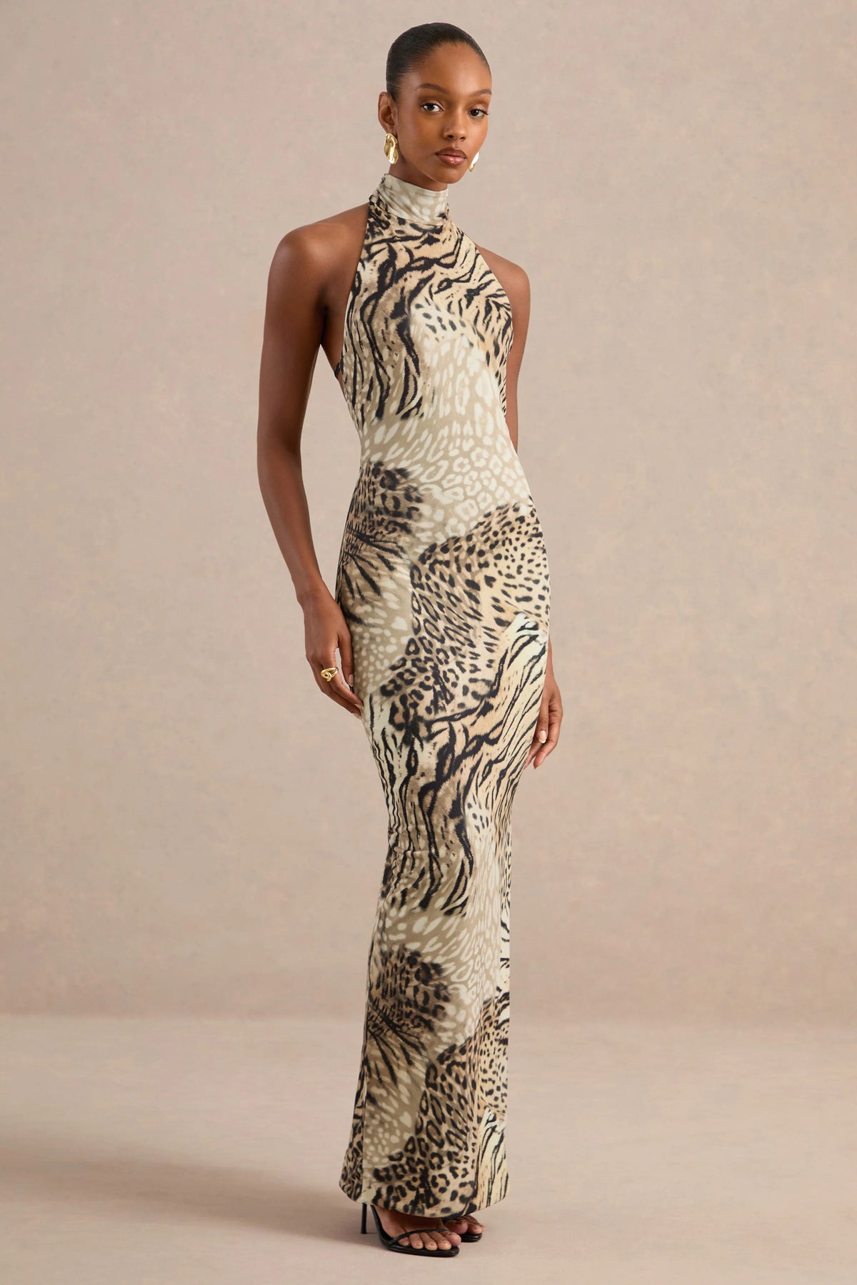 Arlise | Brown Animal Print Halter-Neck Maxi Dress