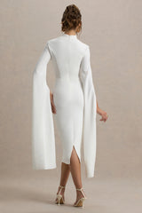 Linden | White Fitted Cape-Sleeve Midi Dress