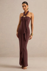 Delaina | Dark Brown Halter-Neck Maxi Dress With Gold Detail And Sash