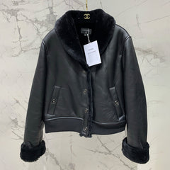 Chanel 25FW Tunic Jacket Reversible Shearling Black Merino Wool Women's Warm Retro Leather Jacket #332447
