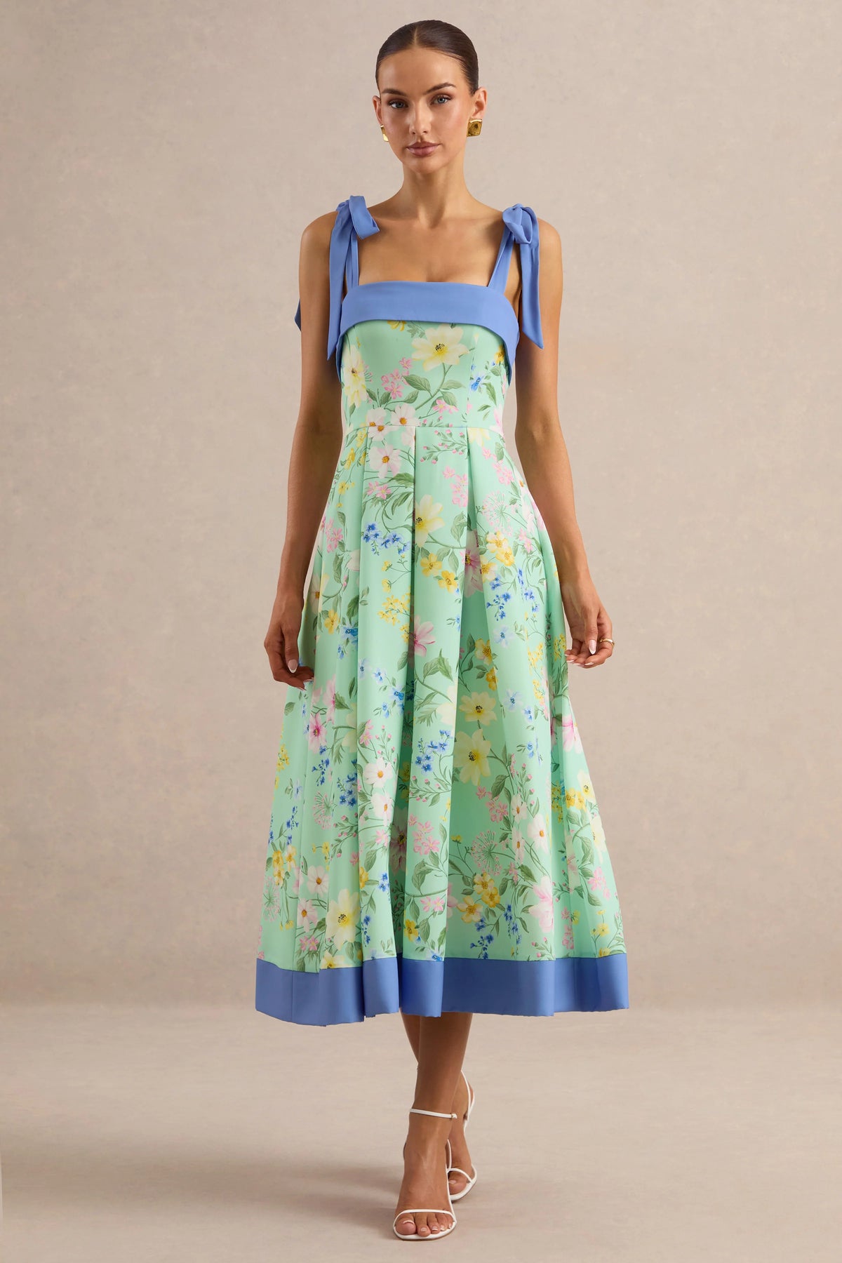 Marlisa | Mint Floral Print Square-Neck Midi Dress With Bow Straps