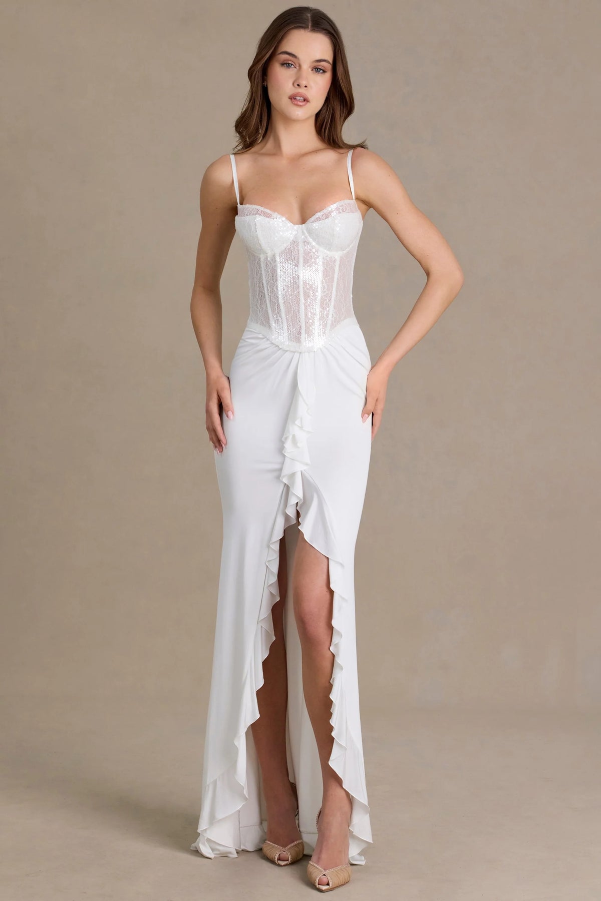 Embellished Lace Corset Gown In Snow