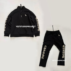 Chrome Hearts Men's And Women's Spring/Fall Fashion Casual Solid Color Collared Half-Zip Sweatshirt Solid Color Relaxed Wide Leg Pants Suit Set #79526