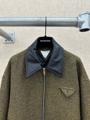 Bottega Veneta SG Men's Cotton Fringe Short Jacket Linen Beige Black Gold Silk Zipper Leather Lapel Long Sleeve Jacket #332619