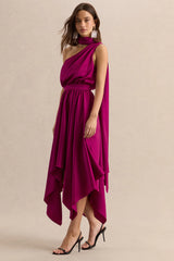 Caluna | Hot Pink Satin Asymmetric-Neck Midi Dress With Scarf-Detail