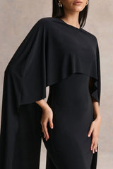 Kalani | Black Crew-Neck Midi Dress With Cape-Sleeves