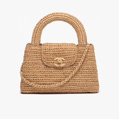 Chanel Mini Shopping Bag Braided Raffia Gold Tone Metal Dark Beige Stylish Knitted Clutch Bag Exquisite Handbag  #82382A