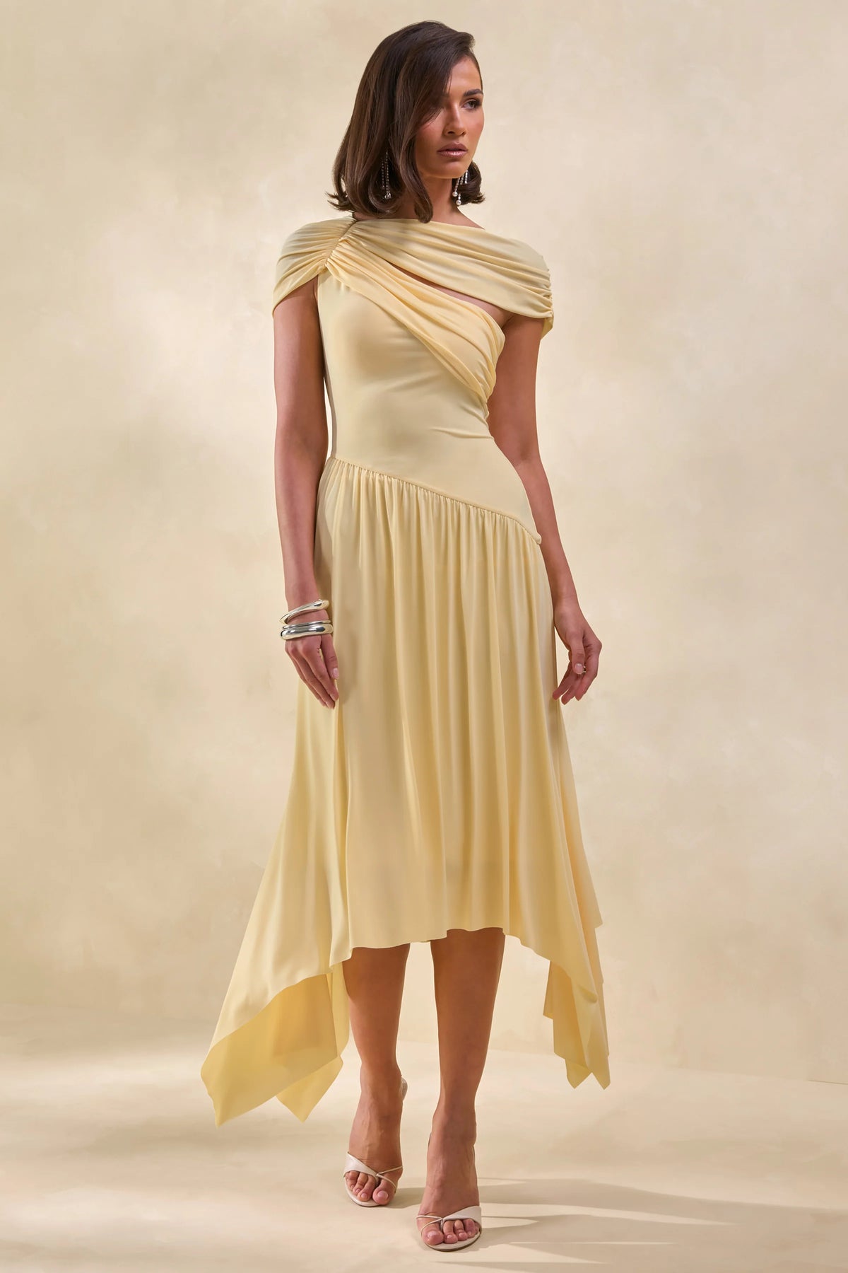 Lorina | Lemon Midi Dress With Asymmetric-Waist