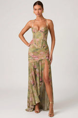 Ruched Asymmetric Corset Gown In Floral Multi Print