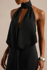 Canella | Black Satin Halter-Neck Maxi Dress With Sash-Detail