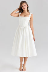 white stretch cotton corset midi dress