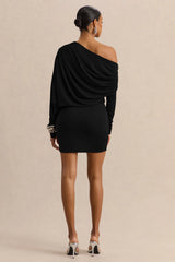Inoria | Black Asymmetric-Neck Mini Dress