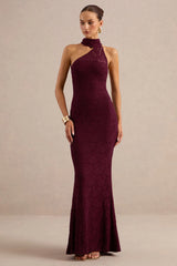 Almaria | Burgundy Lace Asymmetric-Neck Maxi Dress With Collar-Detail