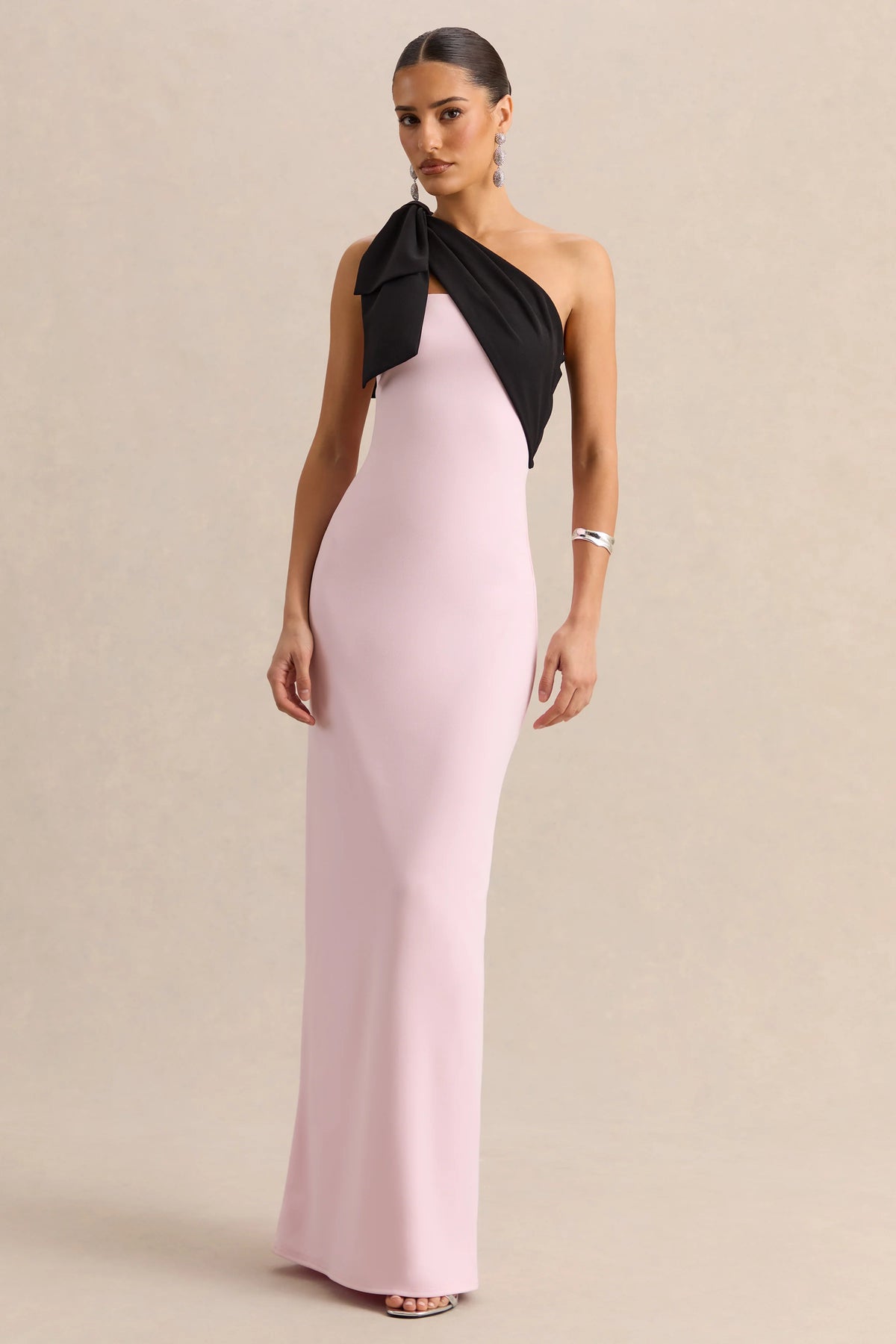 Adara | Pink & Black Asymmetric-Neck Maxi Dress With Bow-Detail