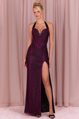 Embellished Halterneck Maxi Dress In Fuchsia Pink
