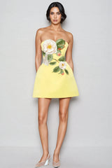 Rex Yellow Applique Floral Bustier Mini Dress