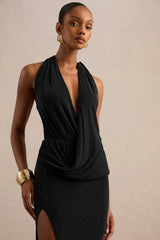 Velia | Black Extreme Plunge-Neck Semi-Sheer Maxi Dress With Front High Split