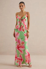 Marlen | Green Floral Print Satin Plunge-Neck Maxi Dress With Ruffled Detailing