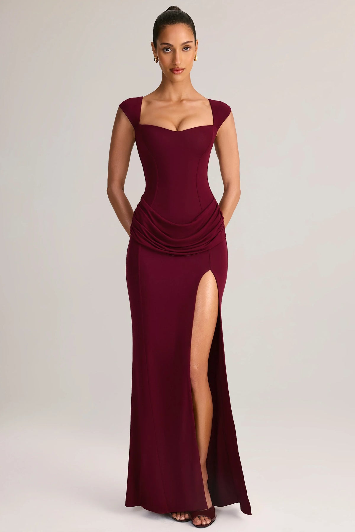 Modal Sweetheart-Neck Cowl-Waist Maxi Dress In Wine