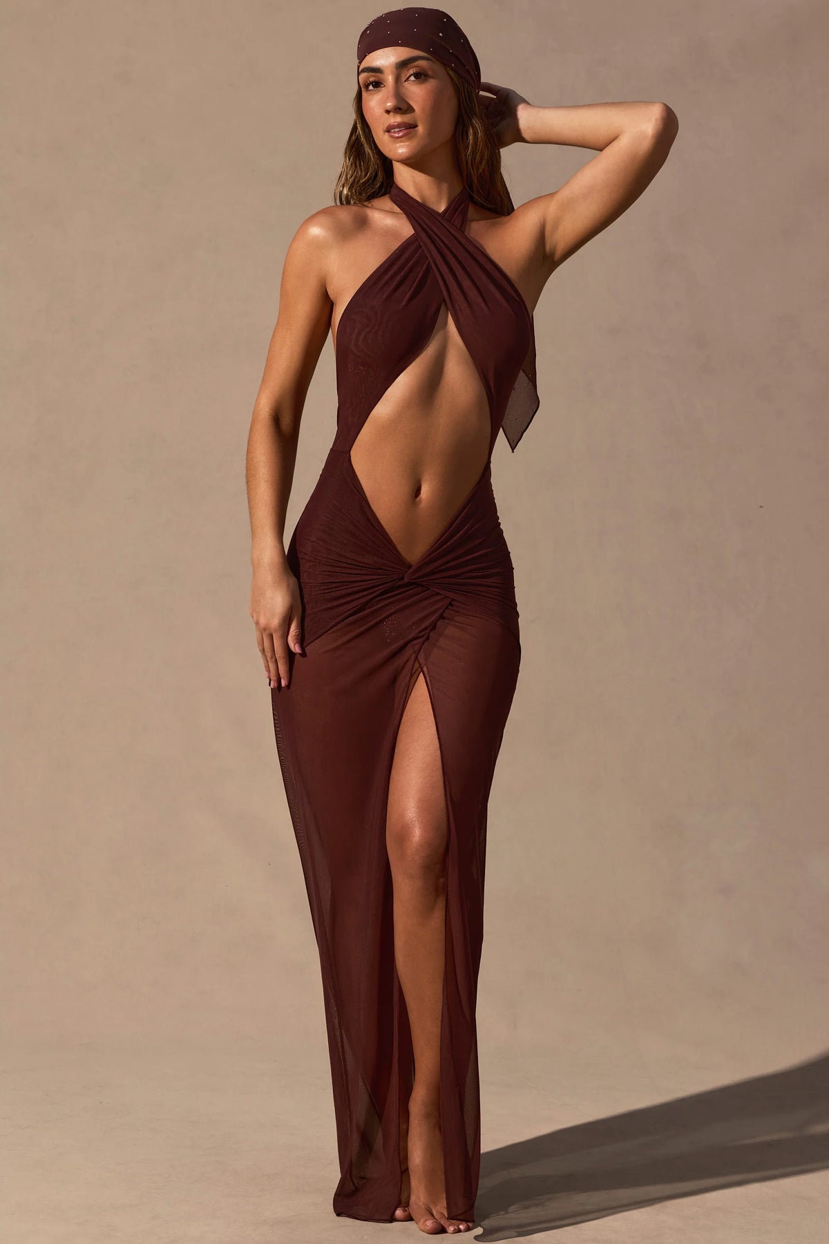 Cut-Out Halterneck Maxi Dress In Espresso Brown