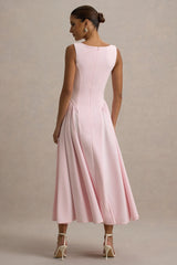 Muriel | Pink Boat-Neck Volume-Hem Midi Dress