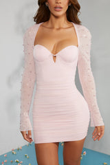 Embellished Long Sleeve Mini Dress In Blush