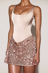 Satin Corset Embellished Skirt Mini Dress In Rose Gold