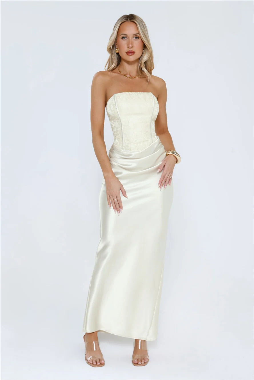 Dressed To Dazzle Strapless Satin Maxi Dress Ivory