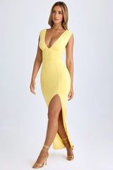 Modal Plunge-Neck Thigh-Split Maxi Dress In Lemon Sherbet