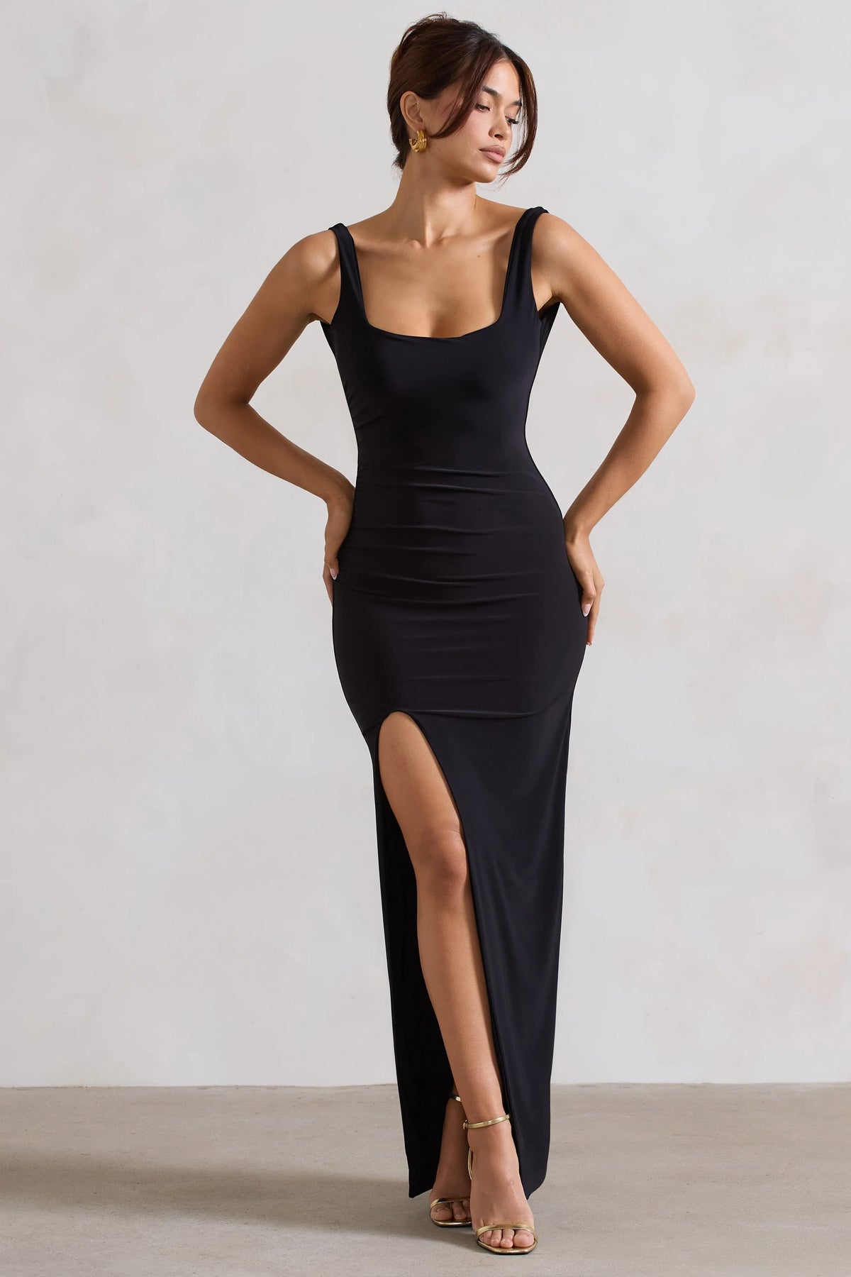 Kate | Black Square Neck Maxi Dress With Plunge Back And Side Thigh Split