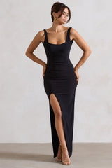 Kate | Black Square Neck Maxi Dress With Plunge Back And Side Thigh Split