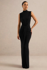 Isona | Black High-Neck Maxi Dress With Gathered-Detailing And Sash
