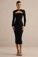 Filomena | Black Round-Neck Midi Dress With Cut-Out