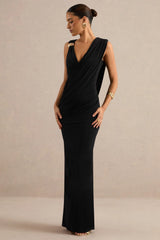Tahlia | Black Plunge-Neck Maxi Dress With Draped Detailing And Gold Detail