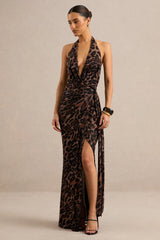 Anwen | Leopard Print Mesh V-Neck Maxi Dress With Front High Split