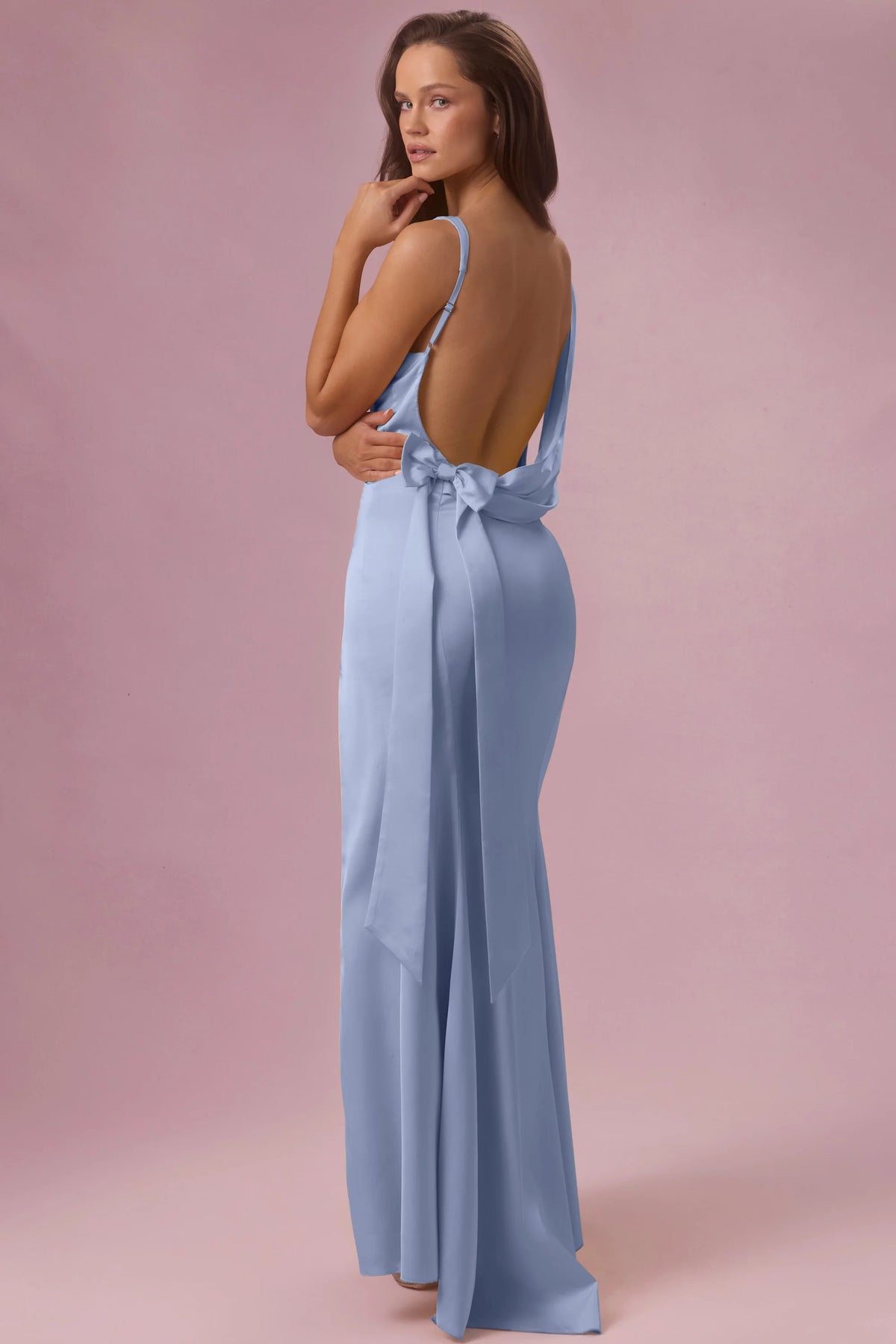 Satin Draped Bridesmaid Dress In Sky Blue