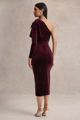 Vespera | Burgundy Velvet Asymmetric Neck Midi Dress With Bow Detail
