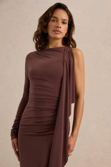 Epona | Dark Brown Wide-Neck Maxi Dress With One-Long Sleeve And Sash-Detail